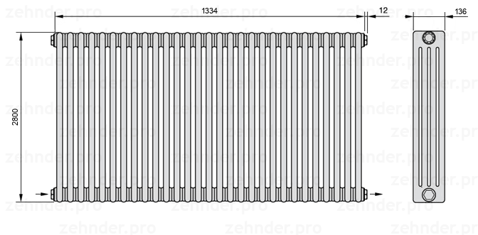 Схема (чертеж) Радиатор Zehnder Charleston 4280/29 №2670 Белый глянцевый RAL 9016